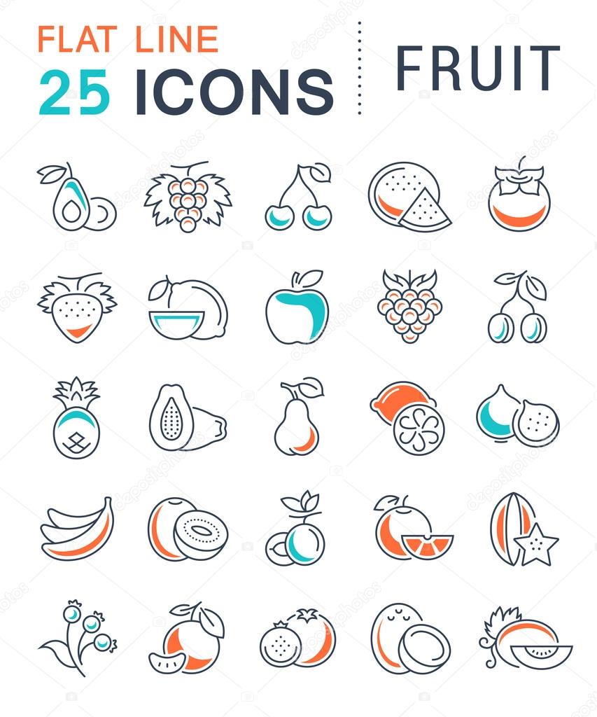 Set vector line icons in flat design Fruit and vegetarian Food with elements for mobile concepts and web apps. Collection modern infographic logo and pictogram.