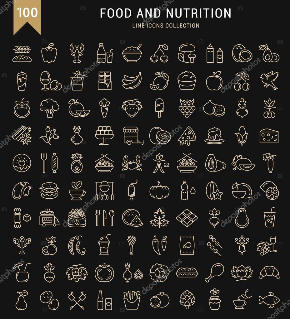 Big set vector line icons meal, seafood, fruit, vegetables and fast food in flat design with elements for mobile concepts and web. Collection modern infographic logo and pictogram.