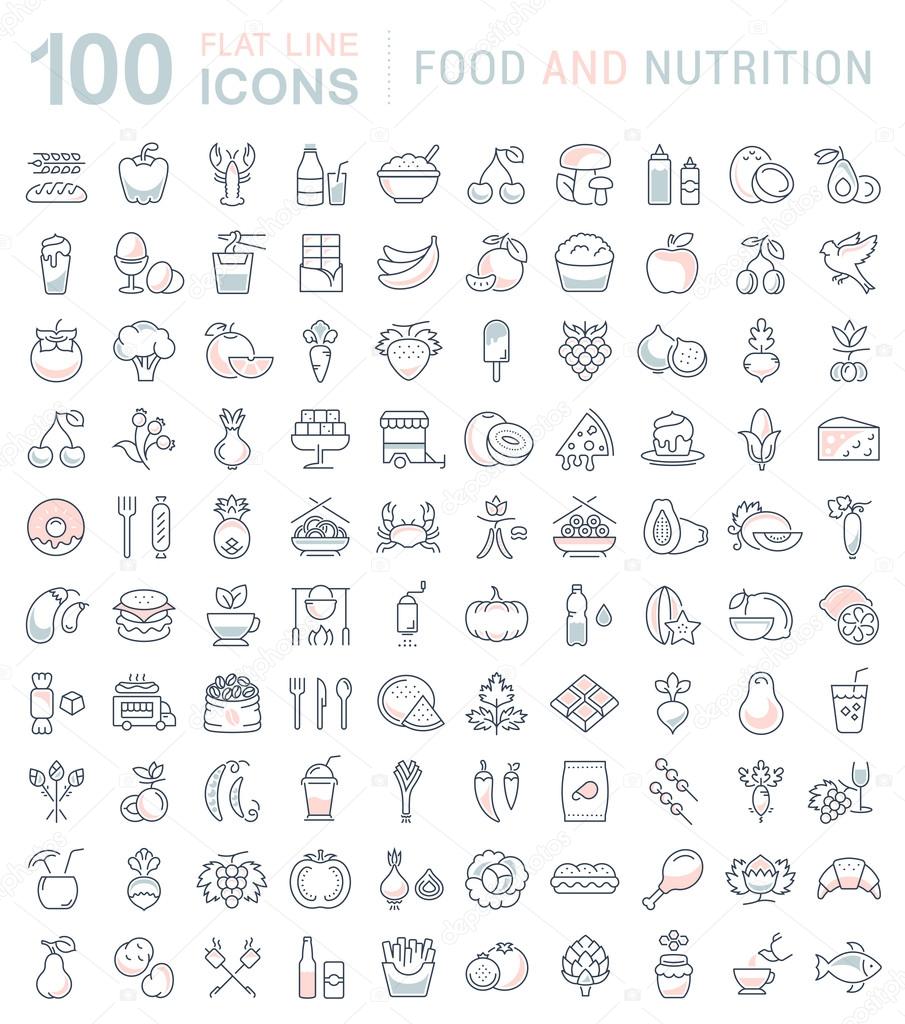 Big set vector line icons meal, seafood, fruit, vegetables and fast food in flat design with elements for mobile concepts and web. Collection modern infographic logo and pictogram.
