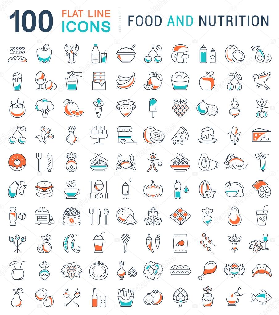 Big set vector line icons meal, seafood, fruit, vegetables and fast food in flat design with elements for mobile concepts and web. Collection modern infographic logo and pictogram.
