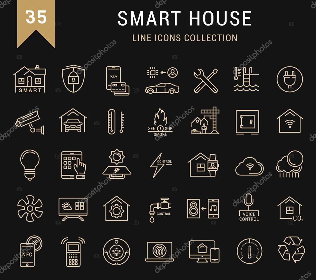 Set vector line icons with open path smart home, smart systems and technology with elements for mobile concepts and web apps. Collection modern infographic logo and pictogram.