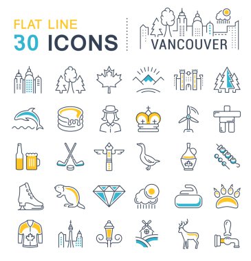 Vektör düz çizgi Icons Set Vancouver ve Kanada
