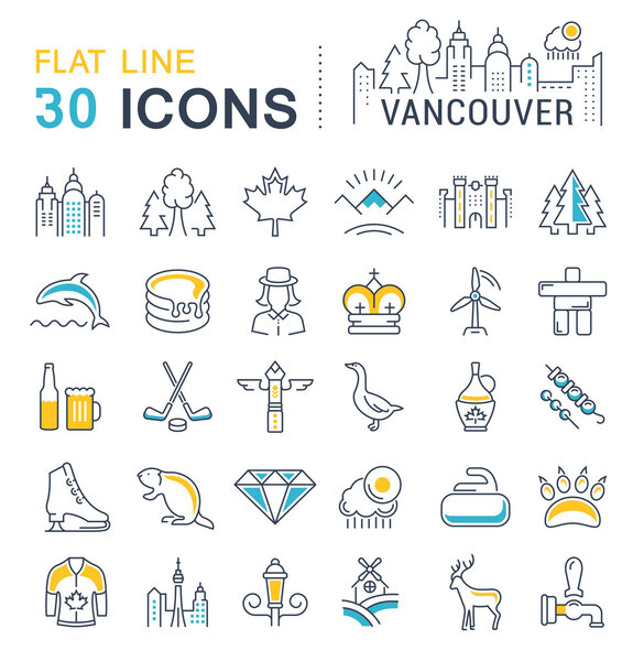 Set Vector Flat Line Icons Ванкувер и Канада
