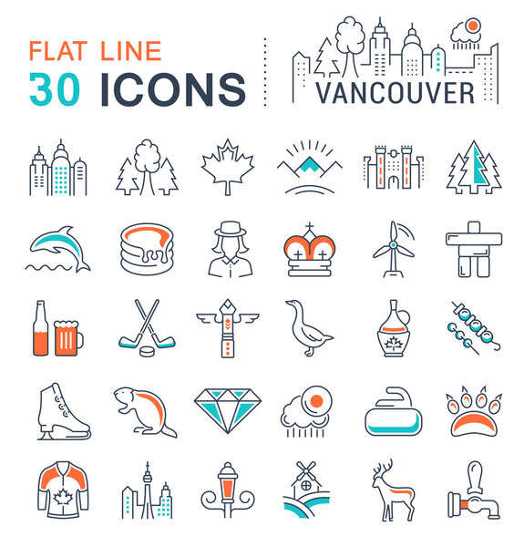 Set Vector Flat Line Icons Ванкувер и Канада
