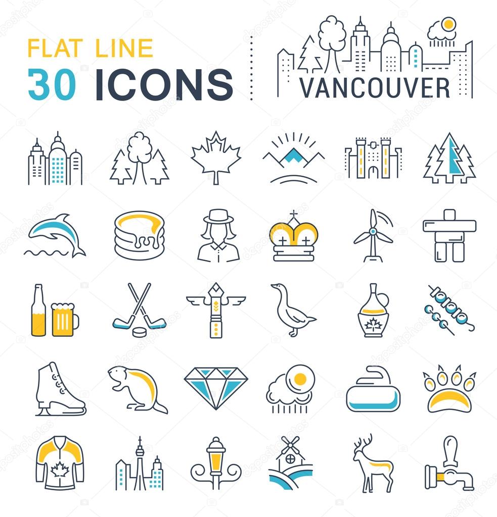 Set vector line icons in flat design Vancouver and Canada with elements for mobile concepts and web apps. Collection modern infographic logo and pictogram.
