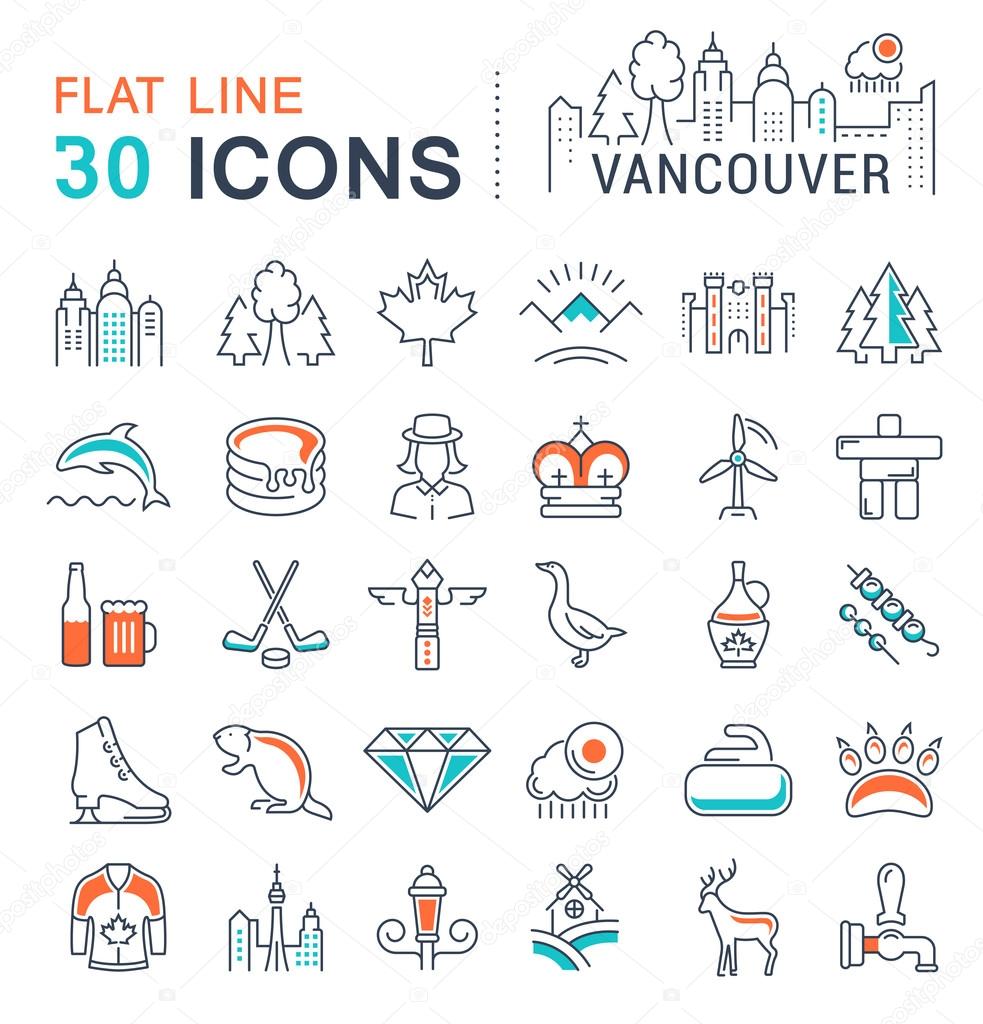 Set vector line icons in flat design Vancouver and Canada with elements for mobile concepts and web apps. Collection modern infographic logo and pictogram.