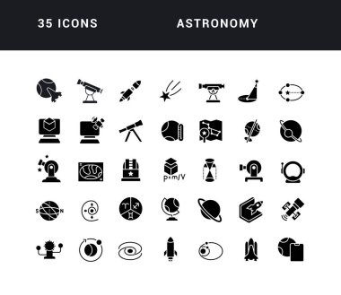 Astronomi. Web tasarımı, uygulama ve en modern projeler için son derece basit monokrom simgelerinin toplanması. Kategori eğitimi için evrensel klasik işaretler paketi.