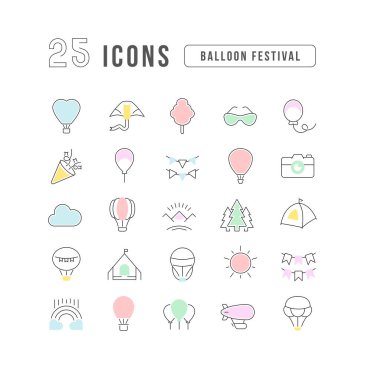 Mobil kavramlar ve web uygulamaları için doğrusal tasarım için balon festivalinin vektör çizgisi ince simgelerini ayarlayın. Koleksiyon modern infografik resim ve işaretler.
