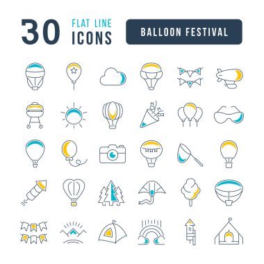 Mobil kavramlar ve web uygulamaları için doğrusal tasarım için balon festivalinin vektör çizgisi ince simgelerini ayarlayın. Koleksiyon modern infografik resim ve işaretler.