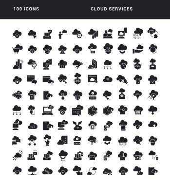 Bulut Hizmetleri. Web tasarımı, uygulama ve en modern projeler için son derece basit monokrom simgelerinin toplanması. Kategori Teknolojisi için evrensel klasik işaretler paketi.