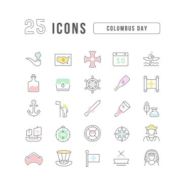 Columbus Günü. Web tasarımı, uygulama ve en modern projeler için son derece ince simgelerin toplanması. Kategori Tatilleri için işaretler kitiName.