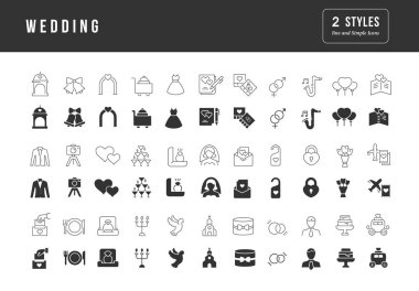 Düğün için. Web tasarımı, uygulama ve en modern projeler için son derece basit monokrom simgelerinin toplanması. Kategori tatilleri için genel klasik işaretler paketi.