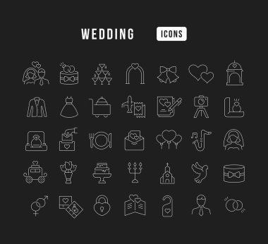 Düğün için. Web tasarımı, uygulama ve en modern projeler için son derece ince simgelerin toplanması. Kategori Tatilleri için işaretler kitiName.