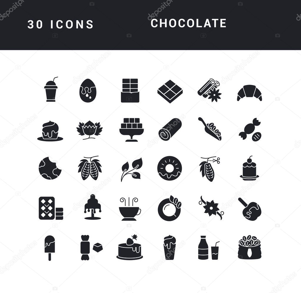 Chocolate. Collection of perfectly simple monochrome icons for web design, app, and the most modern projects. Universal pack of classical signs for category Food and Drink.