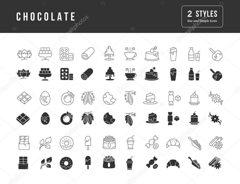 Chocolate. Collection of perfectly simple monochrome icons for web design, app, and the most modern projects. Universal pack of classical signs for category Food and Drink.