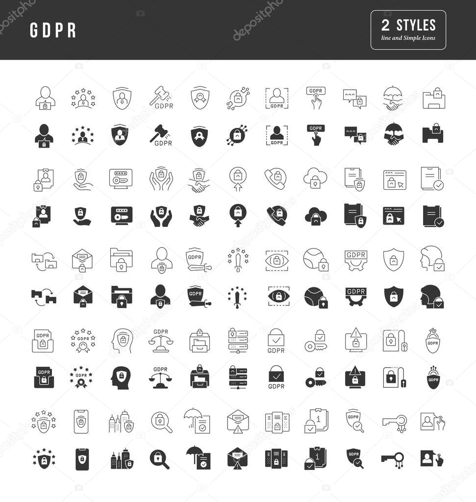 GDPR. Collection of perfectly simple monochrome icons for web design, app, and the most modern projects. Universal pack of classical signs for category Technology.