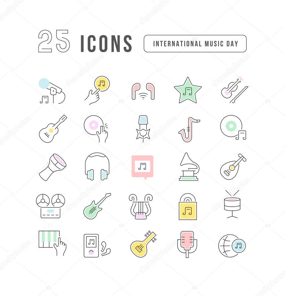 Set vector line thin icons of international music day in linear design for mobile concepts and web apps. Collection modern infographic pictogram and signs.