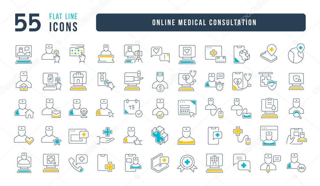 Online Medical Consultation. Collection of perfectly thin icons for web design, app, and the most modern projects. The kit of signs for category Medicine.