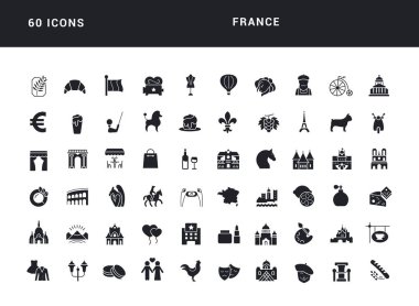 France. Collection of perfectly simple monochrome icons for web design, app, and the most modern projects. Universal pack of classical signs for category Countries and Cities.