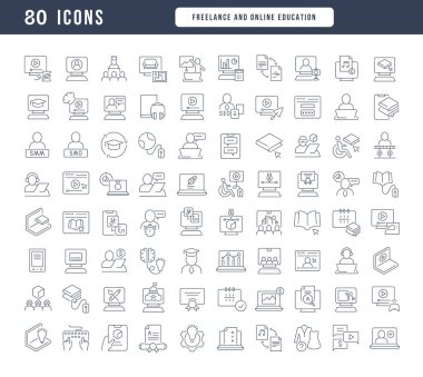 Freelance and Online Education. Collection of perfectly thin icons for web design, app, and the most modern projects. The kit of signs for category Education.