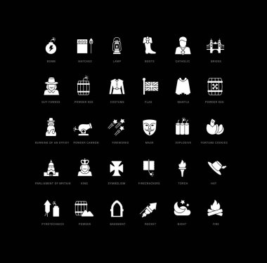Guy Fawkes Night. Collection of perfectly simple monochrome icons for web design, app, and the most modern projects. Universal pack of classical signs for category Holidays.