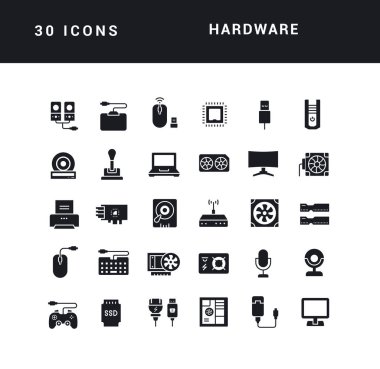 Hardware. Collection of perfectly simple monochrome icons for web design, app, and the most modern projects. Universal pack of classical signs for category Technology.