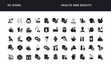 Health and Beauty. Collection of perfectly simple monochrome icons for web design, app, and the most modern projects. Universal pack of classical signs for category Medicine.
