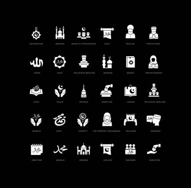 Mawlid. Collection of perfectly simple monochrome icons for web design, app, and the most modern projects. Universal pack of classical signs for category Holidays.