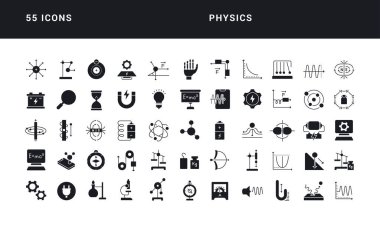 Physics. Collection of perfectly simple monochrome icons for web design, app, and the most modern projects. Universal pack of classical signs for category Education.