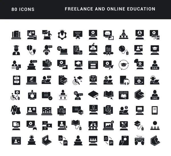 Фриланс Онлайн Образование Коллекция Совершенно Простых Монохромных Иконок Веб Дизайна — стоковый вектор