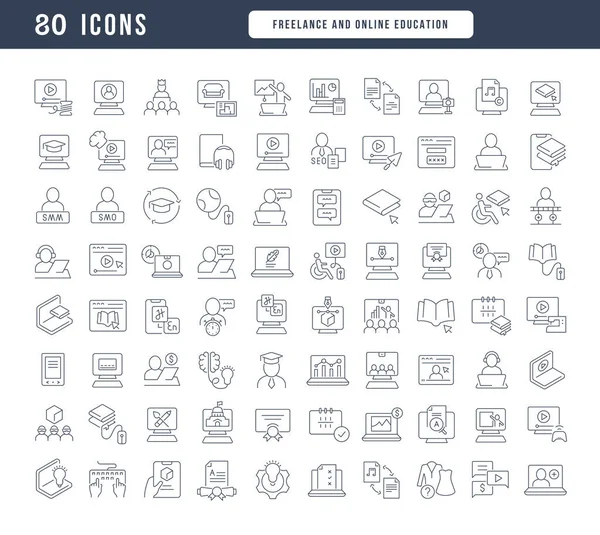 Фрилансерское Онлайн Образование Коллекция Совершенно Тонких Иконок Веб Дизайна Приложений — стоковый вектор