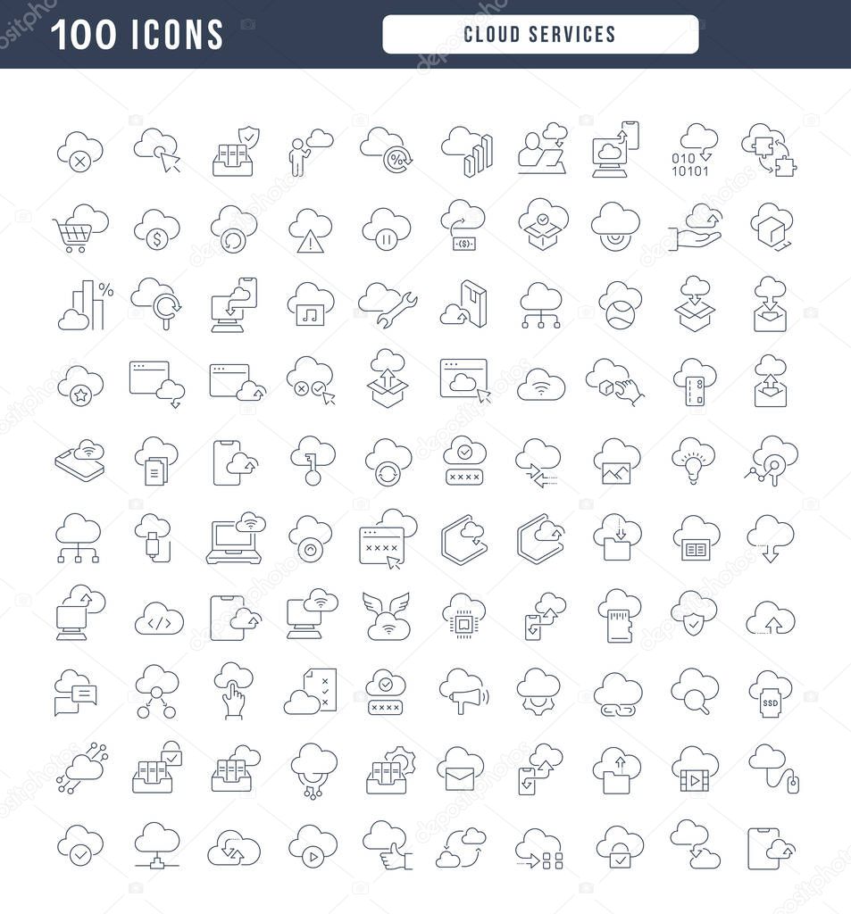 Cloud Services. Collection of perfectly thin icons for web design, app, and the most modern projects. The kit of signs for category Technology.
