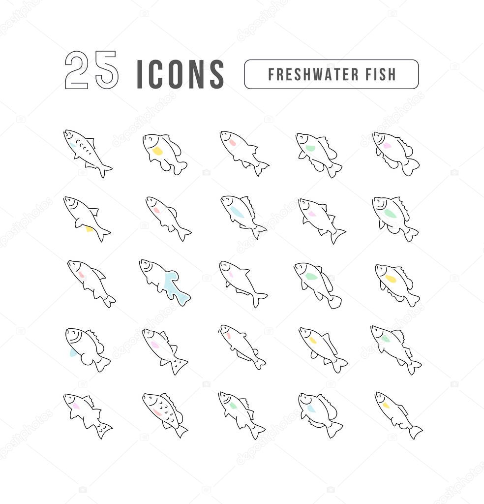 Freshwater Fish. Collection of perfectly thin icons for web design, app, and the most modern projects. The kit of signs for category Food and Drinks.