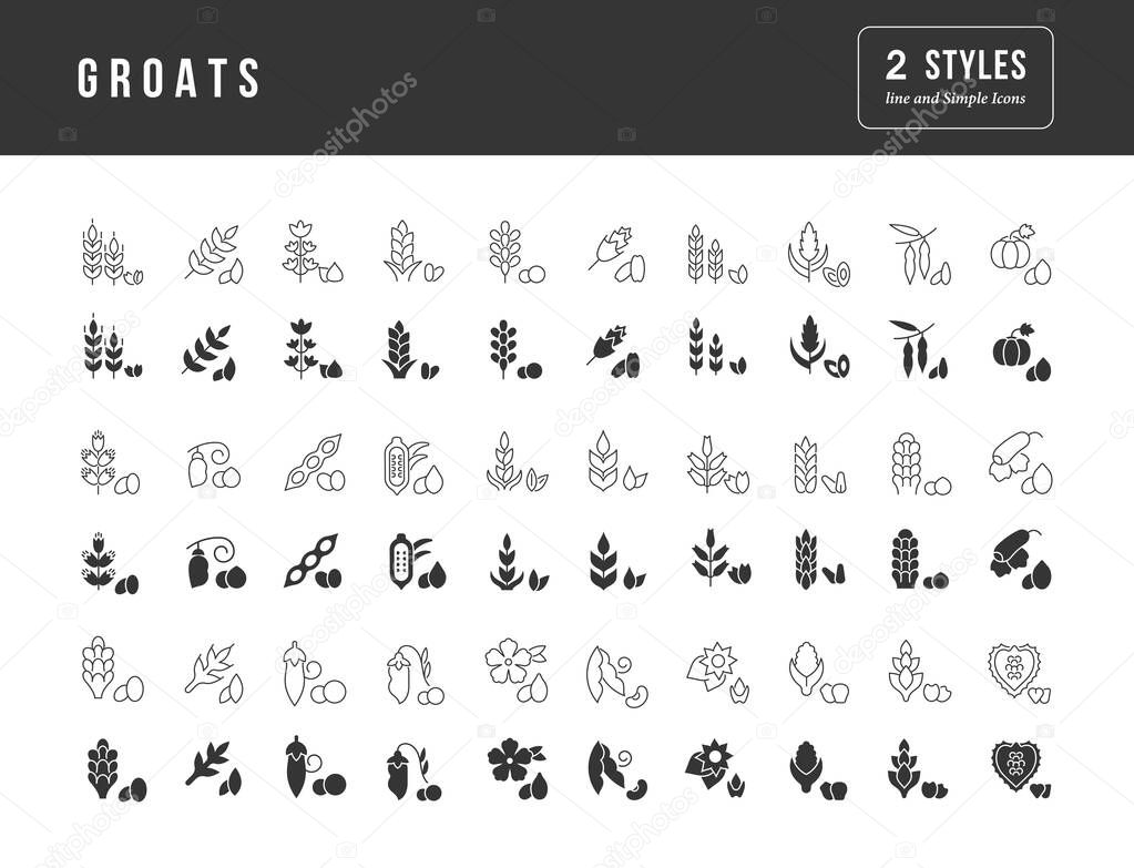 Groats. Collection of perfectly simple monochrome icons for web design, app, and the most modern projects. Universal pack of classical signs for category Food and Drink.