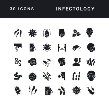 Infectology. Collection of perfectly simple monochrome icons for web design, app, and the most modern projects. Universal pack of classical signs for category Medicine.