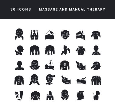 Massage and Manual Therapy. Collection of perfectly simple monochrome icons for web design, app, and the most modern projects. Universal pack of classical signs for category Medicine.