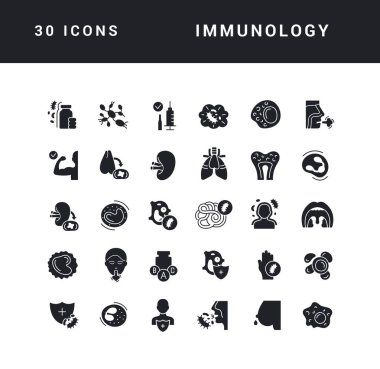 Immunology. Collection of perfectly simple monochrome icons for web design, app, and the most modern projects. Universal pack of classical signs for category Medicine.