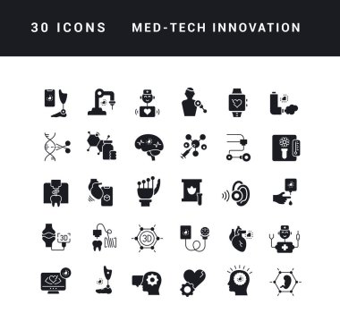 Med-Tech Innovation. Collection of perfectly simple monochrome icons for web design, app, and the most modern projects. Universal pack of classical signs for category Medicine.