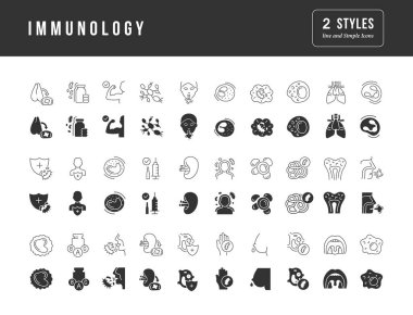 Immunology. Collection of perfectly simple monochrome icons for web design, app, and the most modern projects. Universal pack of classical signs for category Medicine.
