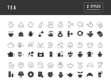 - Çay. Web tasarımı, uygulama ve en modern projeler için son derece basit monokrom simgelerinin toplanması. Kategori yiyecek ve içecek için evrensel klasik işaretler paketi.