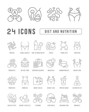 Diet and Nutrition. Collection of perfectly thin icons for web design, app, and the most modern projects. The kit of signs for category Medicine.