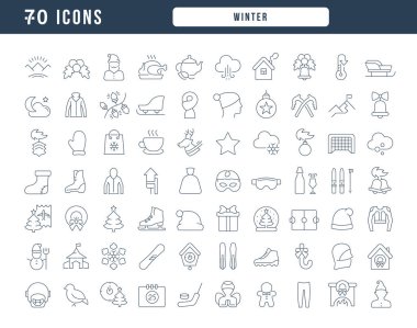Kış. Web tasarımı, uygulama ve en modern projeler için son derece ince simgelerin toplanması. Kategori Mevsimleri için işaretler kitiName.