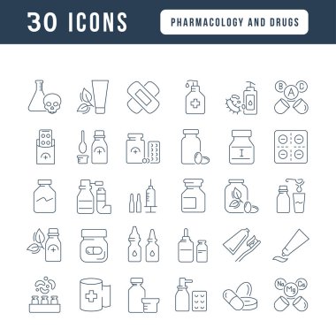 Pharmacology and Drugs. Collection of perfectly thin icons for web design, app, and the most modern projects. The kit of signs for category Medicine.