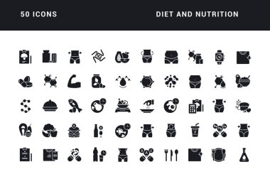 Diet and Nutrition. Collection of perfectly simple monochrome icons for web design, app, and the most modern projects. Universal pack of classical signs for category Medicine.