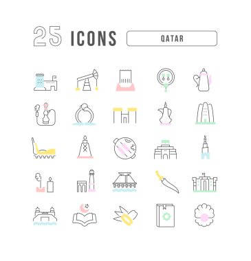 Katar. Web tasarımı, uygulama ve en modern projeler için son derece ince simgelerin toplanması. Kategori Ülkeleri ve Şehirler için işaret kiti.