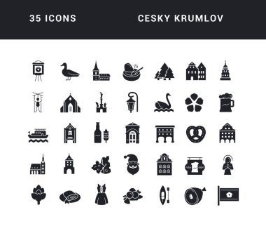 Cesky Krumlov. Collection of perfectly simple monochrome icons for web design, app, and the most modern projects. Universal pack of classical signs for category Countries and Cities.