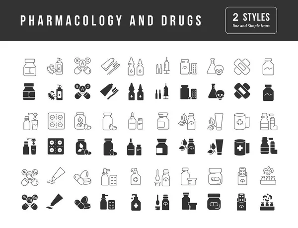 Pharmacology Drugs Collection Perfectly Simple Monochrome Icons Web Design App — Stok Vektör