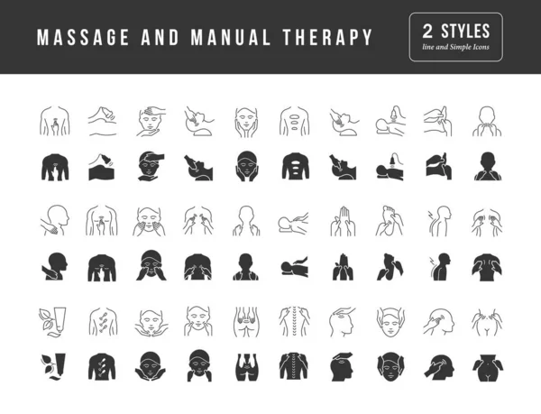 Massage Und Manuelle Therapie Sammlung Vollkommen Einfacher Monochromer Symbole Für — Stockvektor