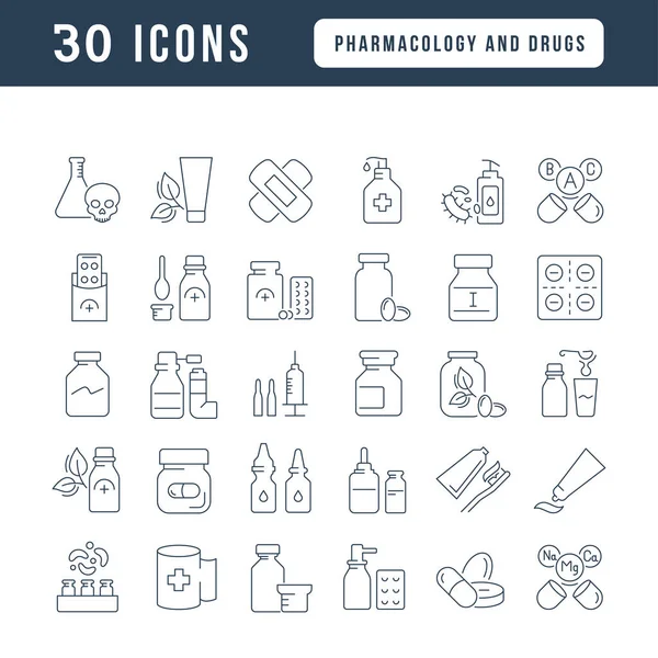 药理学和药物 为网页设计 应用和最现代的项目收集了非常薄的图标 类别药物的标志套件 — 图库矢量图片