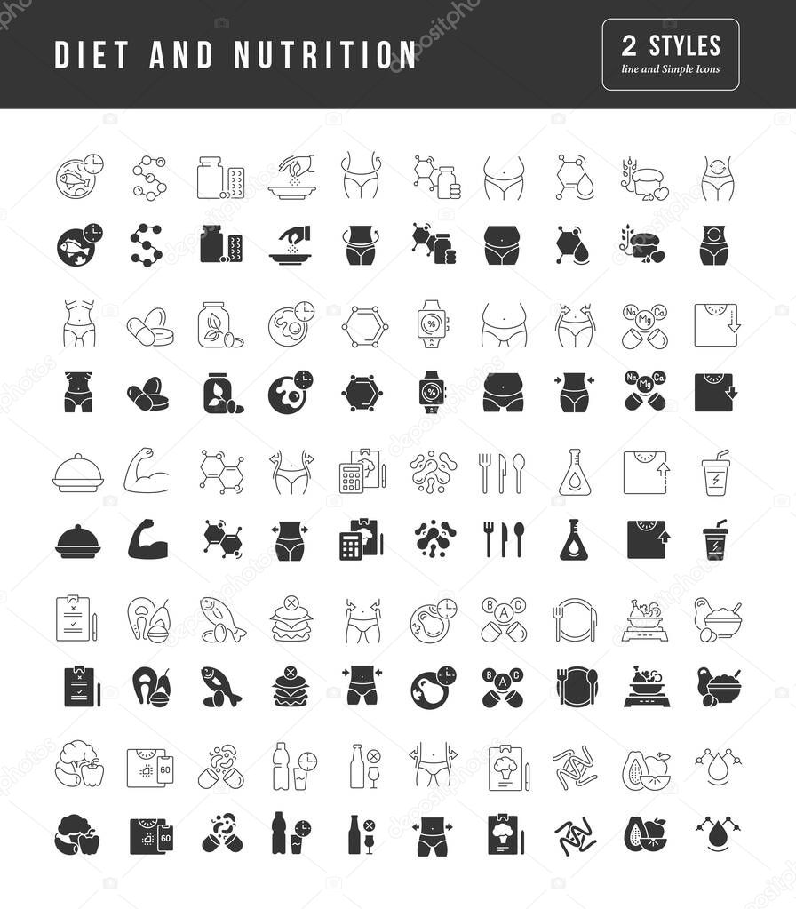 Diet and Nutrition. Collection of perfectly simple monochrome icons for web design, app, and the most modern projects. Universal pack of classical signs for category Medicine.